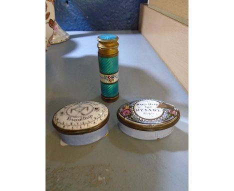 Two late 18th century English enamel pill boxes A/F, and a 19th century gilt brass and enamelled bottle with screw top lid, p