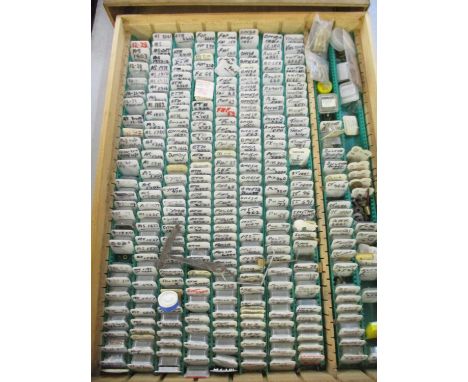 A vintage plywood tray by 'Favourite' containing various watch components for Rolex, Omega, Tissot, Rayville, Cyma and others