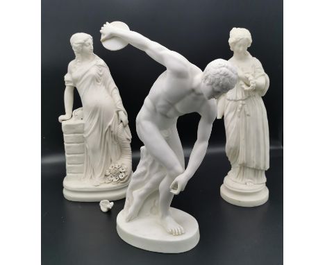 A Parian ware sculpture of the antiquity figure 'Discobolus' or 'disc thrower' after Myron, 30 cm high, together with a Class