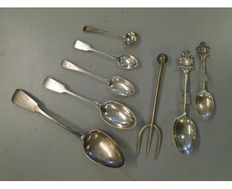 A group of Georgian, Victorian and later silver flatware to include an Irish Victorian rat tail spoon, a bread fork, and two 