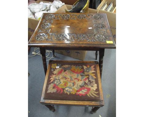 An Edwardian oak side table together with an oak stool with tapestry upholstered seat. Location: RAM