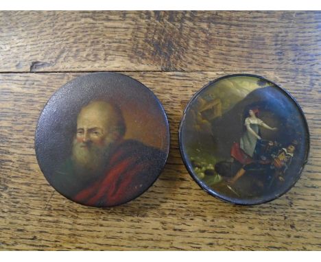Two Georgian papier mache patch boxes, one painted with a classical Old Master style portrait of a bearded old man, the other