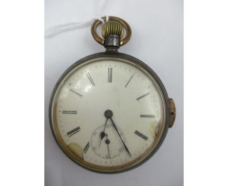 An early 20th century gun metal cased quarter repeater open faced, keyless wind pocket watch, having an enamel dial bearing R