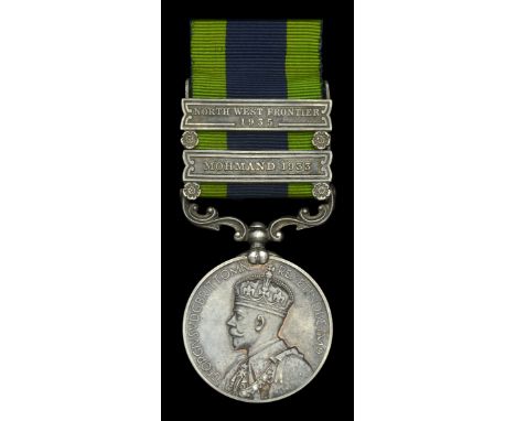 India General Service 1908-35, 2 clasps, Mohmand 1933, North West Frontier 1935, unofficial retaining rod between clasps (Lt.