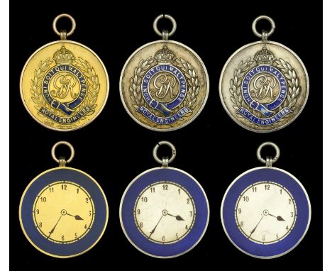 Regimental Medallions (3), Royal Engineers, 32mm, gold (9ct., 17.50g) and enamel, with Corps badge on obverse and clock face 