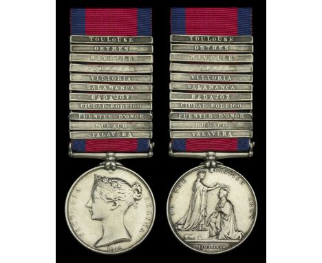 The 11-clasp Peninsula War medal awarded to Colour-Sergeant Jacob Wiley, 83rd Foot, who was wounded in the left arm at the ba