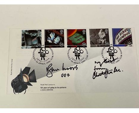 JAMES BOND; a first day cover postmarked 1996 bearing the signatures of Roger Moore and Christopher Lee, unframed.