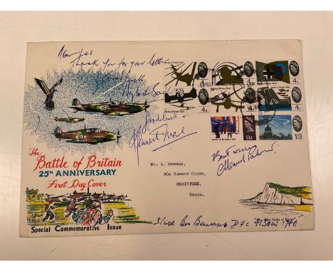 THE BATTLE OF BRITAIN; a first day cover bearing several signatures including Douglas Bader, Kenneth More etc.