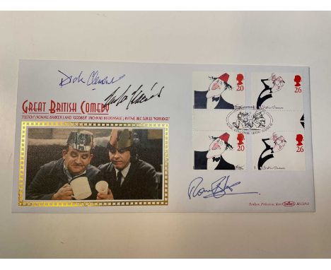 BRITISH COMEDY; a first day cover limited edition no. 133/200 bearing three signatures, Ronnie Barker, Dick Clement and Ian L