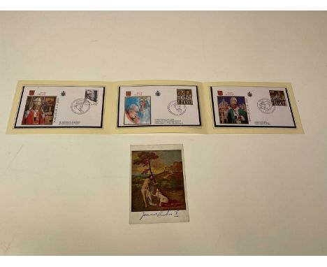 POPE JOHN PAUL II; a post card bearing the Pope's signature and an unsigned first day cover trio set (2).