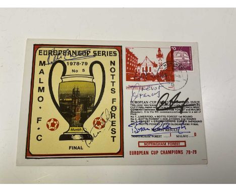 NOTTINGHAM FOREST; a first day cover bearing several signatures including Brain Clough and Trevor Francis, unframed. 