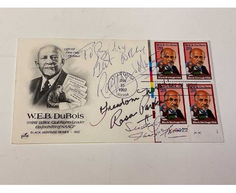 AMERICAN CIVIL RIGHTS; a W.E.Dubois first day cover bearing the signatures of Rosa Parks, Ralph Abernathy and James Farmer