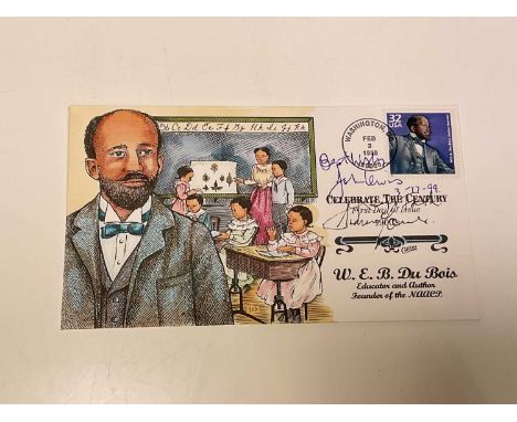 A first day cover 'Celebrate the Century' postmarked 1988 bearing the signatures of John Lewis and Sidney Poitier, unframed. 