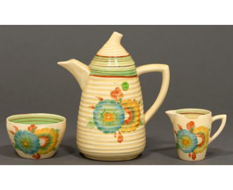 A Clarice Cliff coffee pot and cover,&nbsp; Honeydew pattern, coffee pot 19cm h,&nbsp; marked Wilkinson England and a matchin