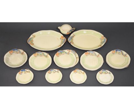 A Wilkinson &amp; Co and Newport Pottery Clarice Cliff fish service,&nbsp; platters 15cm (22)  