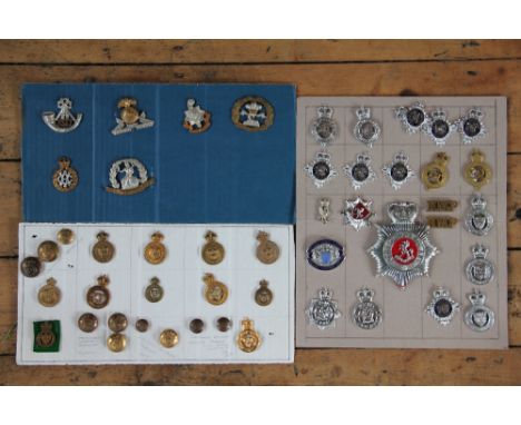 A large collection of British Army badges, to include; Shropshire Yeomanry and KSLI,  Durham Light Infantry and assorted butt