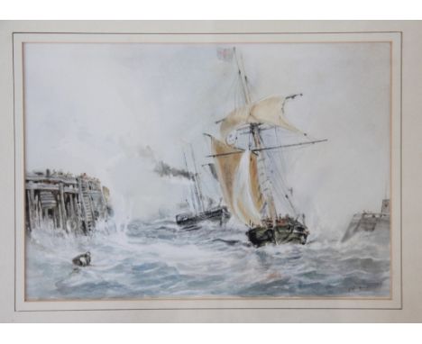 Norfolk School - early 20th century,
two pencil and watercolours,
Fishing and sailing boats off the coast,
indistinctly signe
