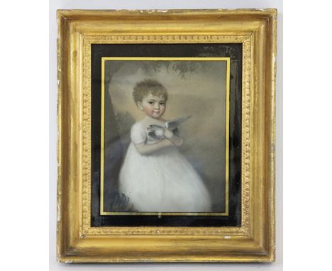 English School - early 19th century,
pastel,
Portrait on an infant holding a dove,
in verre eglomise and gilt wood frame,
29c