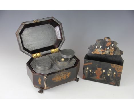 A 19th century Cantonese lacquered tea caddy, of octagonal form, enclosing two pewter canisters, covers and liners (at fault)