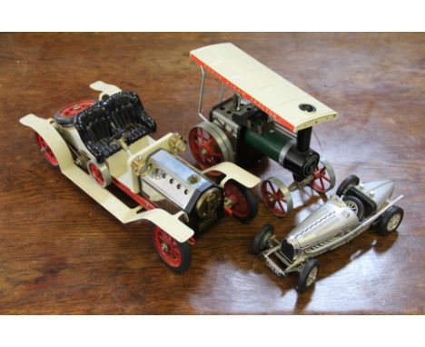 A Mamod live steam road roller, with Mamod live steam car and a Burago Bugatti - no boxes