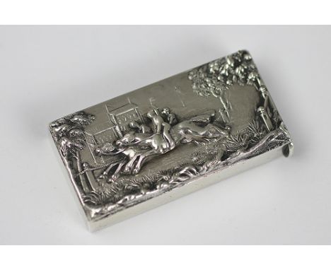 A Victorian silver vesta, William Neale, Birmingham 1894, Horse racing interest, depicting in high relief a horse race with s