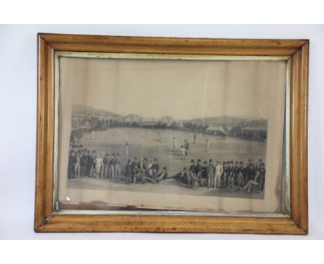 A 19th century birds eye maple picture frame, enclosing a Brighton cricket print, 88cm x 123cm overall (as found)