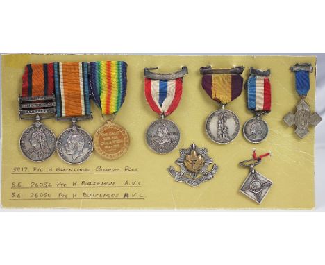 A Queen's South Africa medal group of three to 5917 Pte H. Blackemore Cheshire Regt, comprising QSA with South Africa 1902, 1