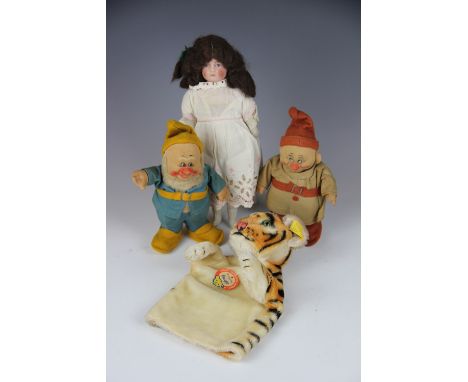 A Chad Valley Happy and Dopey from Snow White and the Seven Dwarfs, Happy retaining original box, with a Steiff tiger hand pu