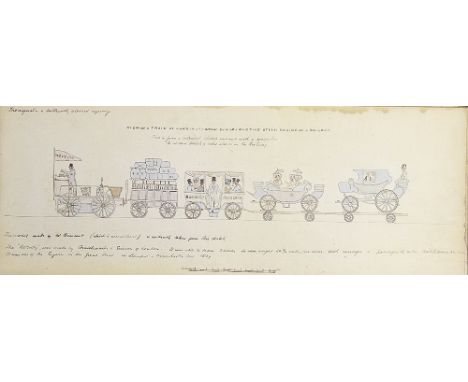 A 19th century ink and watercolour drawing of an engraving of The Novelty Steam Locomotive Railway Omnibus,
19.5cm x 51cm - o