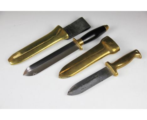 A C.E. Heinke & Co Ltd (London) brass divers knife with 16cm serrated blade, with brass scabbard and another similar knife wi