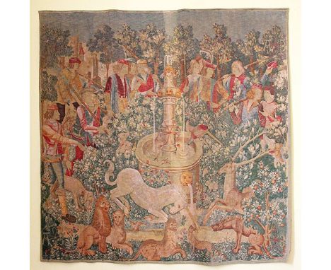 A large French wall tapestry by Editions D'art de Rambouillet, depicting the story of the unicorn, label verso, 226.5cm x 230