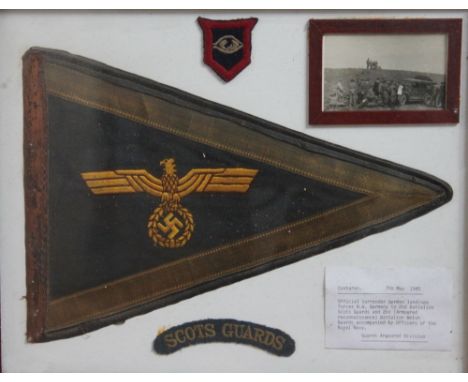 A World War II German Third Reich pennant, Scotts guards shoulder name, another badge and photograph in presentation frame, w