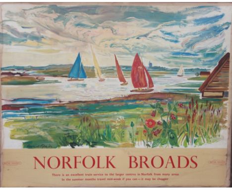 After Raymond Piper,colour print laid on board,Norfolk Broads - A British Rail advertising poster,published by British Rail (