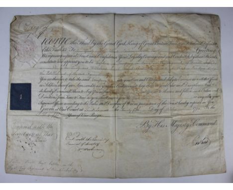 A collection of six King George III Royal commission documents to James Pratt, comprising 'Captain in our Seventy Seventh Reg