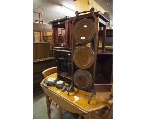 EDWARDIAN MAHOGANY THREE TIER CAKE STAND, A WALL BAROMETER IN ANCHOR SHAPED FRAME AND TWO PINE CHAIRS (4) 