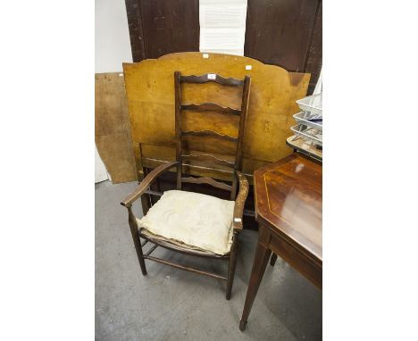 A WALNUTWOOD PANEL SINGLE BEDSTEAD AND A LADDER BACK NURSING CHAIR 