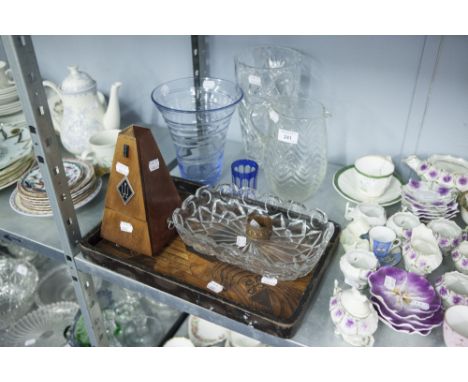 METRONOME, TWO GLASS VASES AND A JUG AND FRUIT BOWL 