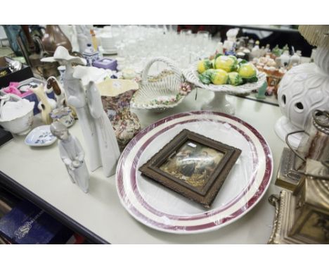 TWO PIECES OF MODERN LLADRO, A PAIR OF SMALL FRAMED PRINTS, TWO PIECES OF CONTINENTAL FRUIT FILLED AND FLOWER ENCRUSTED POTTE