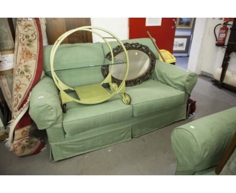 A PAIR OF MULTIYORK SOFAS FROM THE INCA RANGE, IMMACULATE CONDITION WITH GREEN PATTERNED UPHOLSTERY (2)