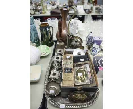 AN ELECTROPLATE LARGE GALLERY TRAY, AN ELECTROPLATE CANDELABRA, CUTLERY ETC..... 