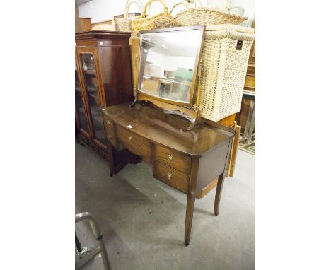 A REPRODUCTION KNEEHOLE DRESSING TABLE TOGETHER WITH A FREE STANDING OBLONG CHEVAL MIRROR 