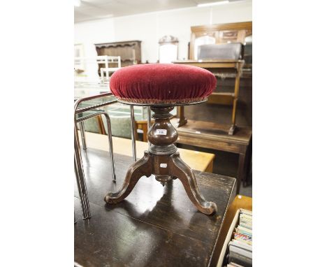 VICTORIAN MAHOGANY TRIPOD PIANO STOOL, WITH CIRCULAR SEAT, HEIGHT ADJUSTABLE 