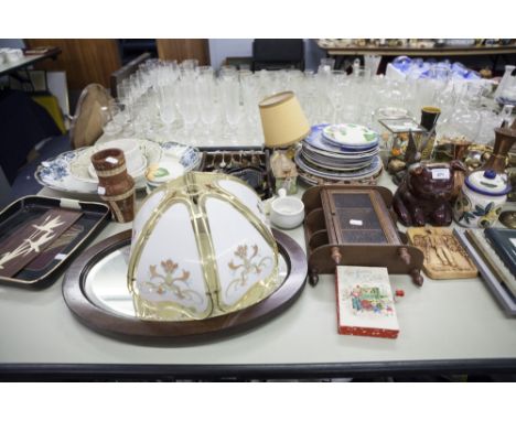 SUNDRY CERAMIC ORNAMENTS AND TWO SMALL ANNIVERSARY CLOCKS, LAMPS, METAL WARES ETC....  