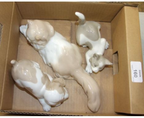 A Lladro figure of a cat with a mouse, boxed, three Nao figures of cats, glass paperweights, other ceramics and glassware.