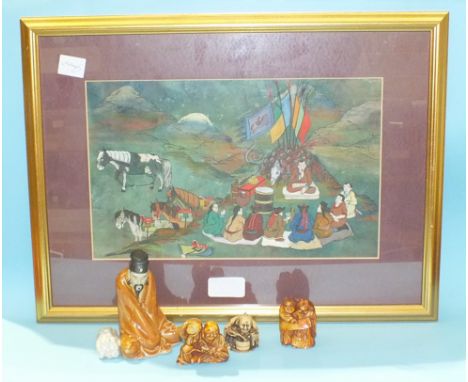An Oriental watercolour, 'Group of seated figures gathered around battle flag', 18 x 29cm, three modern netsukes and a modern