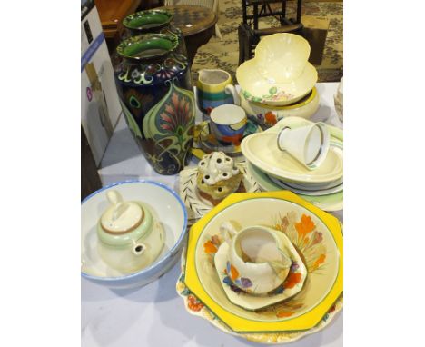 A Clarice Cliff Bizarre flower brick, other Clarice Cliff and modern ceramics, (a/f), including a pair of Shelley intarsio ba