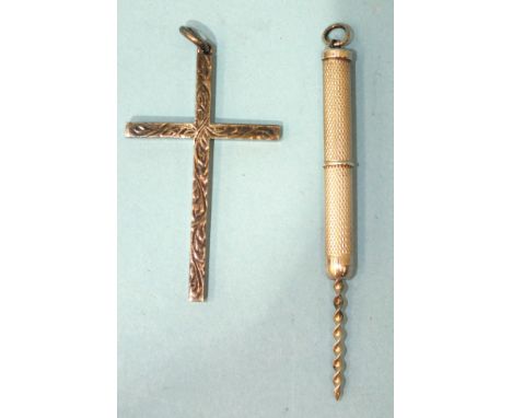 A modern engine-turned silver cigar piercer and a silver cross pendant, 55 x 32mm, (2).