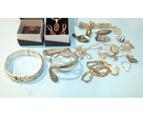 A .925-silver snake bangle and other silver jewellery, gross weight 124g.