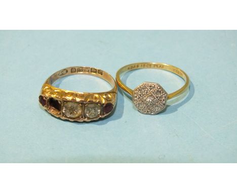 A small 18ct gold ring set diamond point, size L, 1.8g and a 9ct gold ring set three (of four) paste stones, size J, 2.4g.