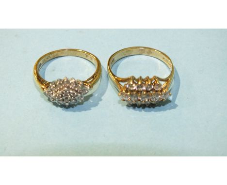 A 9ct gold ring set diamond cluster, size K, 2.5g and another 9ct gold ring set three rows of synthetic white stones, size M,